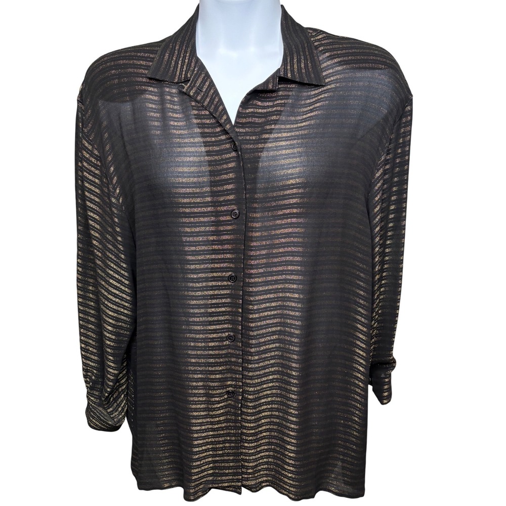 JONES NEW YORK Womens Black Gold Metallic Sheer Button Up Shirt 14P Glam Layer